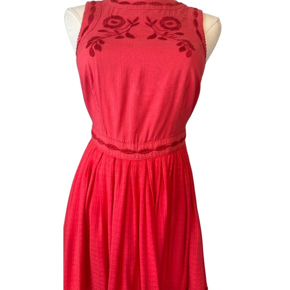 Free People Size 0 Red Sleeveless Embroidered Fit & Flare Dress Bird & Floral - Picture 5 of 13